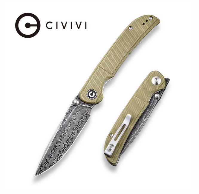 CIVIVI Imperium Flipper Folding Knife, Damascus Blade, Micarta Olive, 2107DS-2