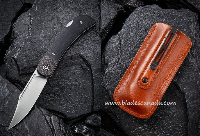 CIVIVI Rustic Gent Folding Knife, D2, G10/Carbon Fiber, Leather Sheath, 914A - Click Image to Close
