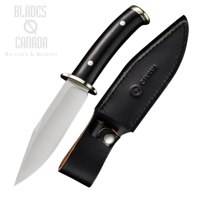 CIVIVI Teton Tickler Fixed Blade Knife, D2, G10 Black, Leather Sheath, 20072-1