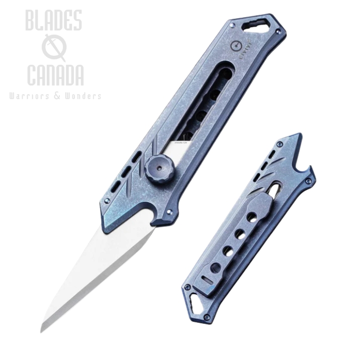 CIVIVI Mandate Utility Knife, Titanium Blue, 2 extra CrMoV & 1 Damascus Blade, 2007B