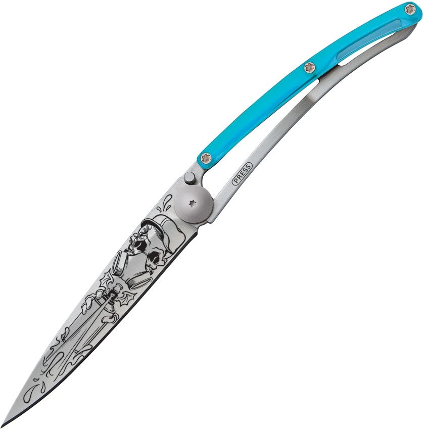 Deejo Street Blue Spray Tattoo Framelock Folding Knife, 37 gram, 1CB025 - Click Image to Close
