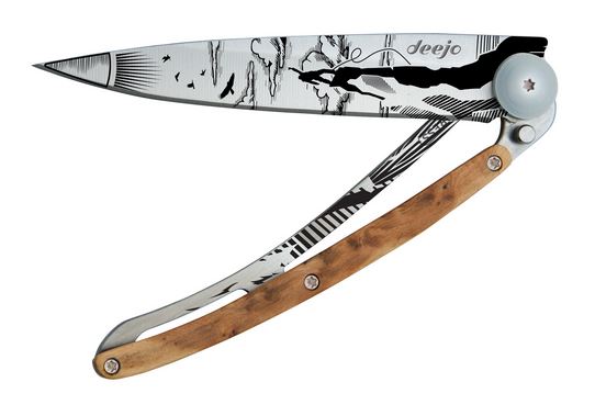 Deejo Climbing Tattoo Framelock Folding Knife, Juniper Wood, 37 gram, 1CB031