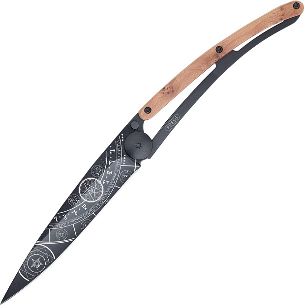 Deejo Fantasy Witchcraft Framelock Folding Knife, Z40C13 Steel, Juniper Wood, 37 Gram, 1GB113