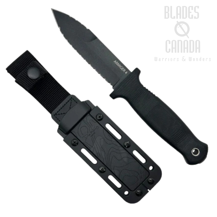 Demko Armiger 4 Fixed Blade Knife, 80CrV2 Black Spear Point Serrated, Black Handle, Kydex Sheath, 096506