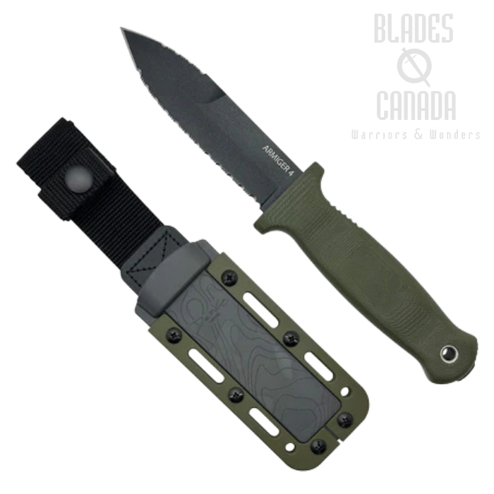 Demko Armiger 4 Fixed Blade Knife, 80CrV2 Black Spear Point Serrated, OD Green Handle, Kydex Sheath, 096568