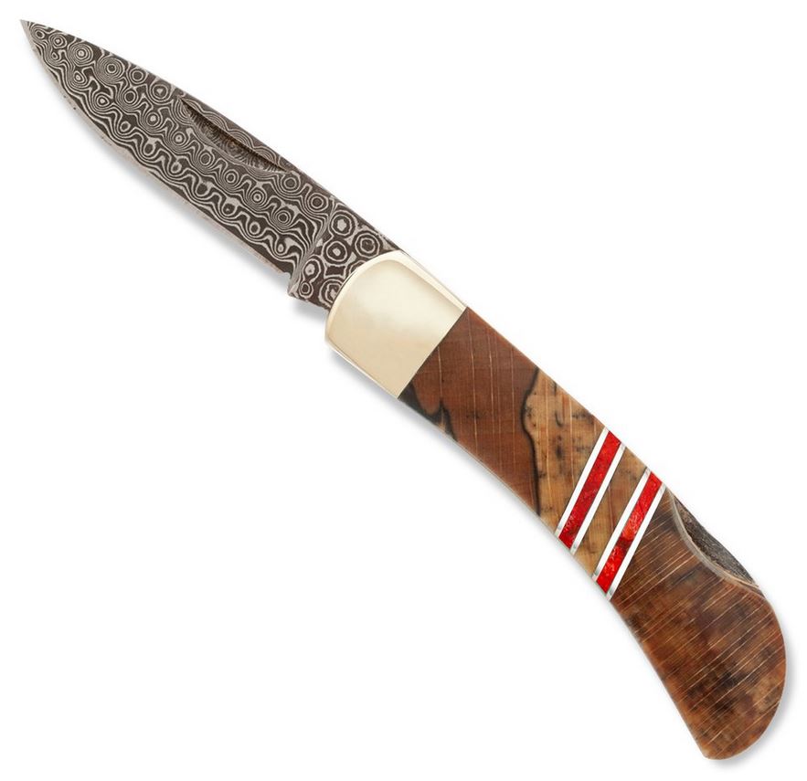 Santa Fe Stoneworks Lockback Folding Knife, Damascus, Spalted Beech/Coral