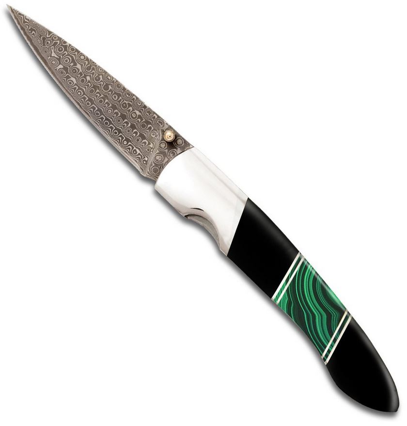 Santa Fe Stoneworks Folding Knife, Damascus, Jet/Malachite