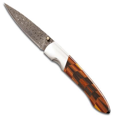 Santa Fe Stoneworks Folding Knife, Kaleidoscope Thunderbird Damascus - Click Image to Close