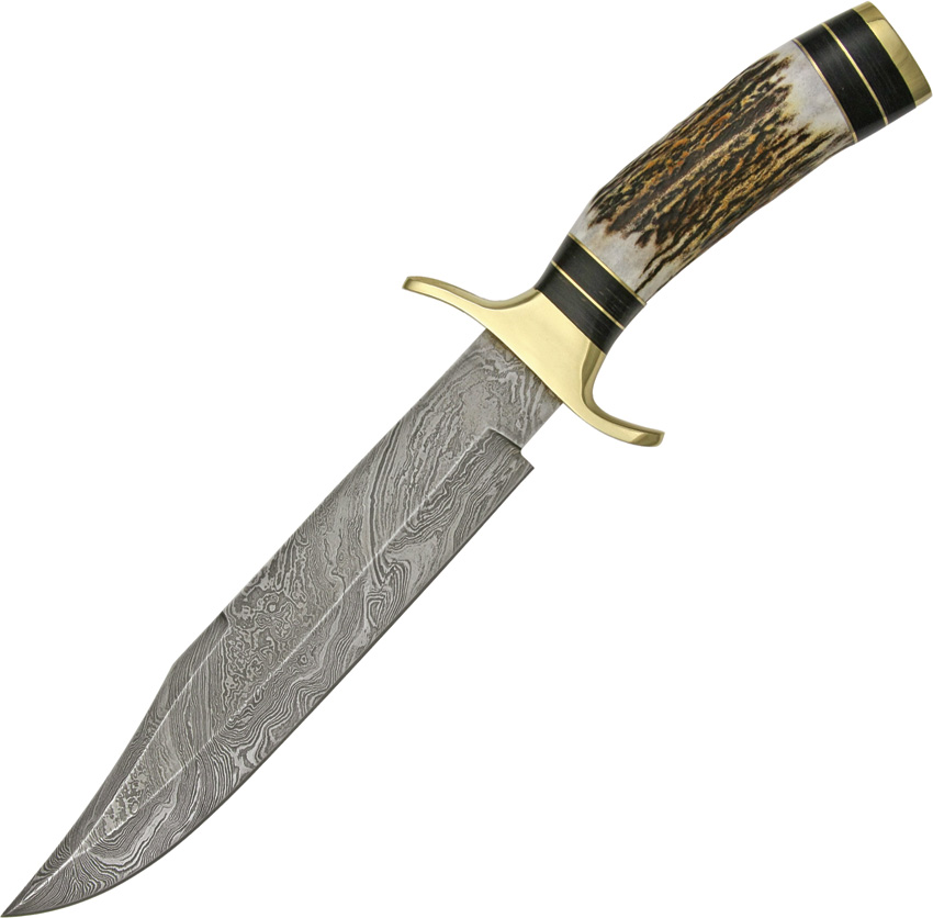 Damascus 1033 Iron Maiden Bowie Fixed Blade Knife, Stag Handle, Leather Sheath, DM1033