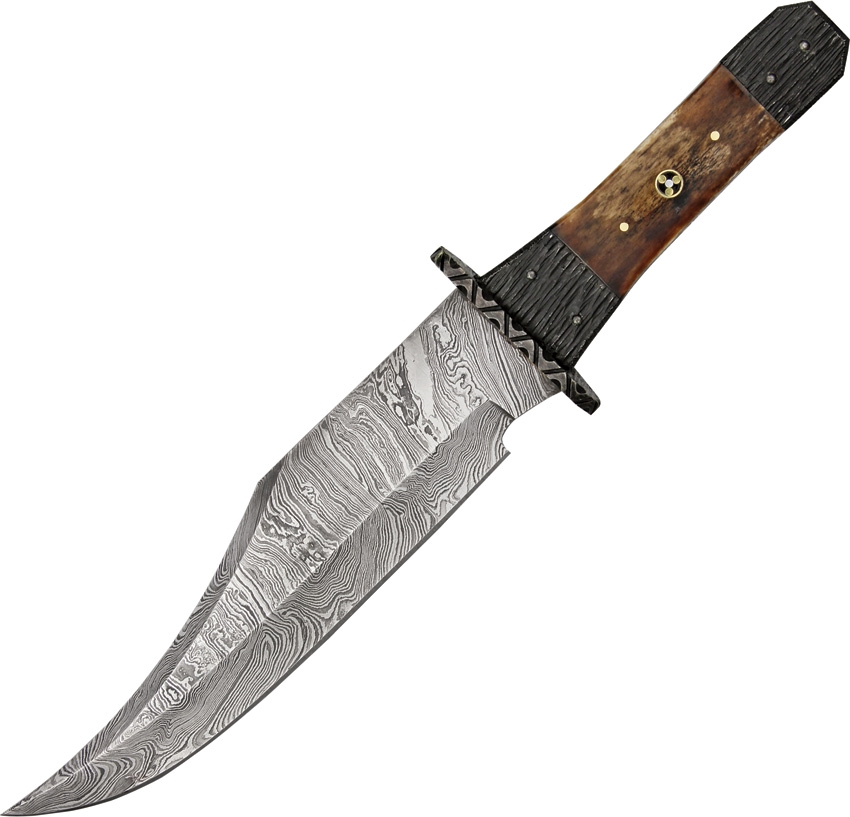 Damascus 1049 Bowie Fixed Blade Knife,Tri Circle Bone Handle, Leather Sheath