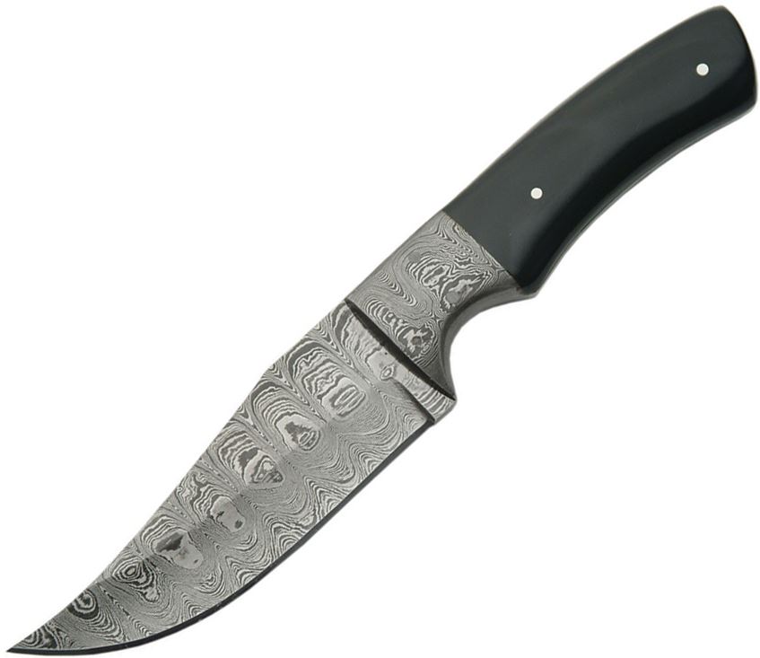 Damascus 1051HN Hunter Fixed Blade Knife, Black Horn Handle, Leather Sheath
