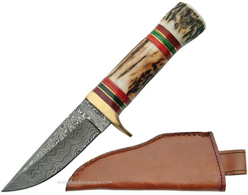 Damascus 1075 Hunter Fixed Blade Knife, Stag Handle, Leather Sheath