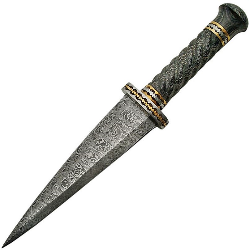 Damascus 1113 Fixed Blade Knife, Dirk Pakkawood Handle, Leather Sheath