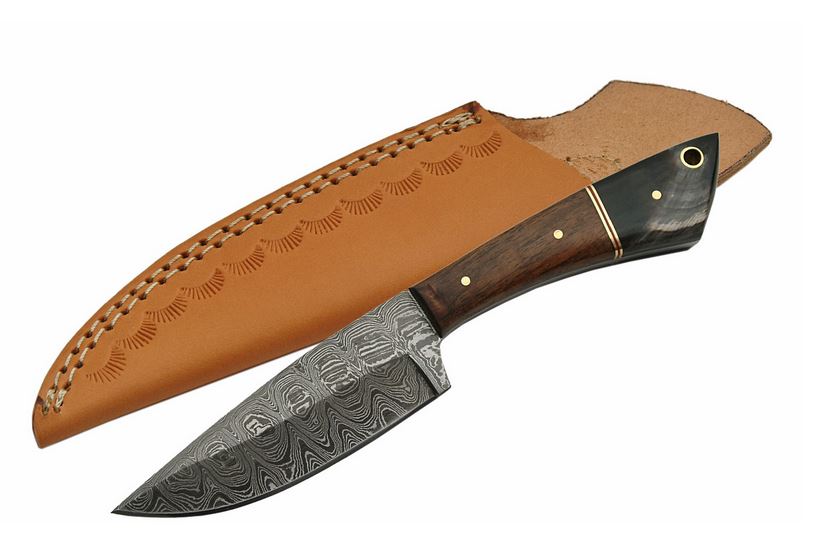 Damascus DM1123HN Fixed Blade Skinner Knife, Walnut/Horn Handle, Leather Sheath, DM1123HN