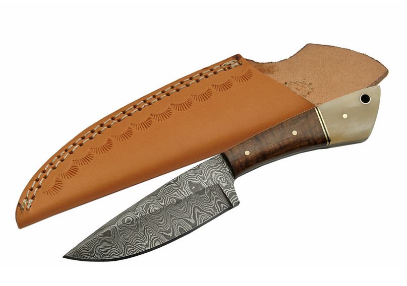 Damascus DM1123BO Fixed Blade Skinner Knife, Walnut/Bone Handle, Leather Sheath