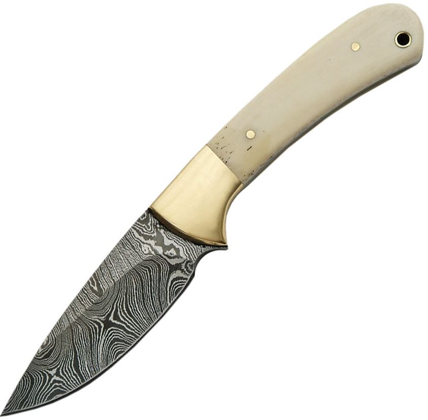 Damascus 1129 Small Skinner Fixed Blade Knife, Bone Handle, Leather Sheath