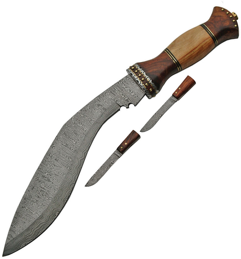 Damascus 1134 Kukri, Olive Wood Handle, Leather Sheath