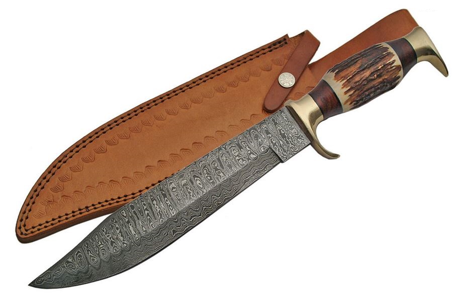 Damascus 1164 Stag Bowie Fixed Blade Knife, Leather Sheath