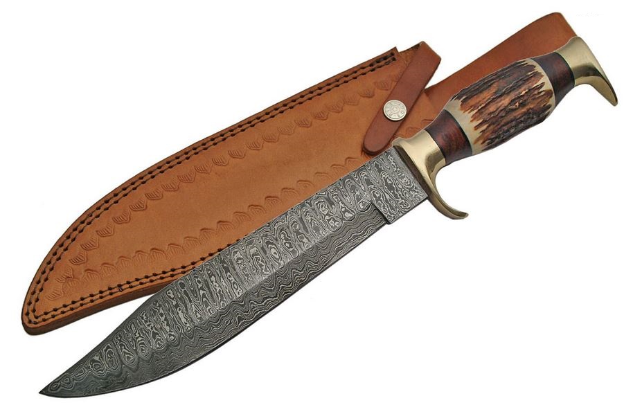 Damascus 1164 Stag Bowie Fixed Blade Knife, Leather Sheath, DM1164