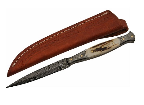 Damascus 1178 Slim Stag Dagger Fixed Blade Knife, Leather Sheath, DM1178