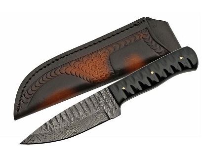 Damascus 1198HN Sharktooth Fixed Blade Knife, Horn Handle, Leather Sheath, DM1198HN