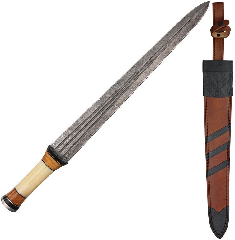 Damascus 5002 Short Sword, Bone Handle, Leather Sheath, DM5002