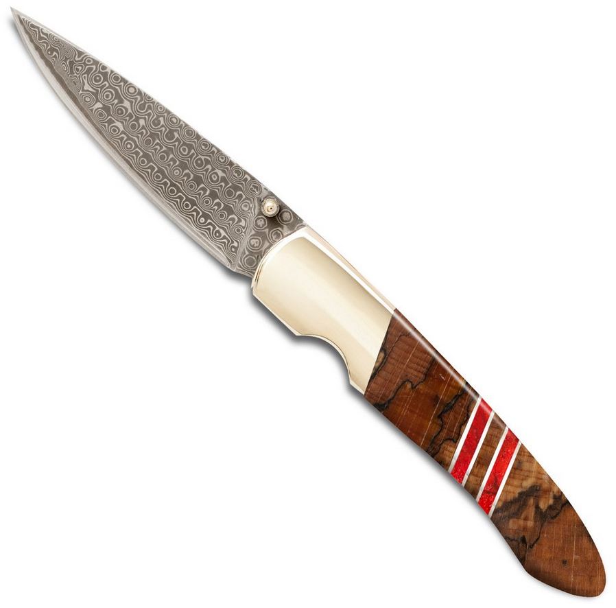 Santa Fe Stoneworks Folding Knife, Damascus, Spalted Beech/Coral - Click Image to Close