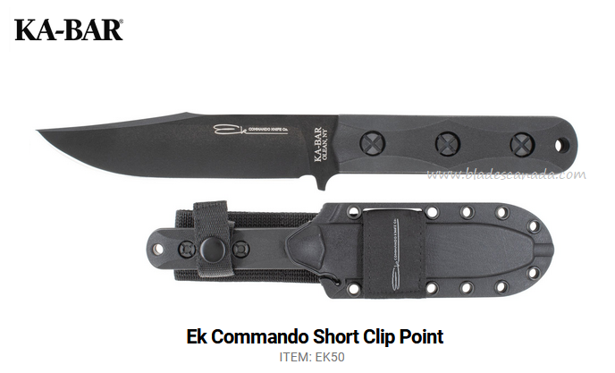 Ka-Bar Ek Commando Short Fixed Blade Knife, 1095 Clip Point, Celcon Sheath, EK50