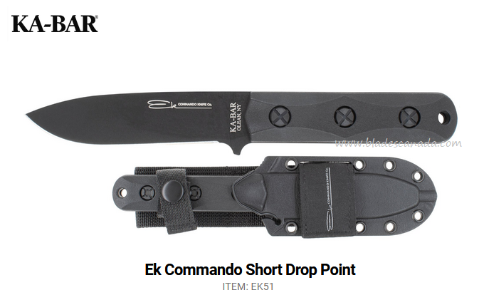Ka-Bar Ek Commando Short Fixed Blade Knife, 1095 Drop Point, Celcon Sheath, KaEK51