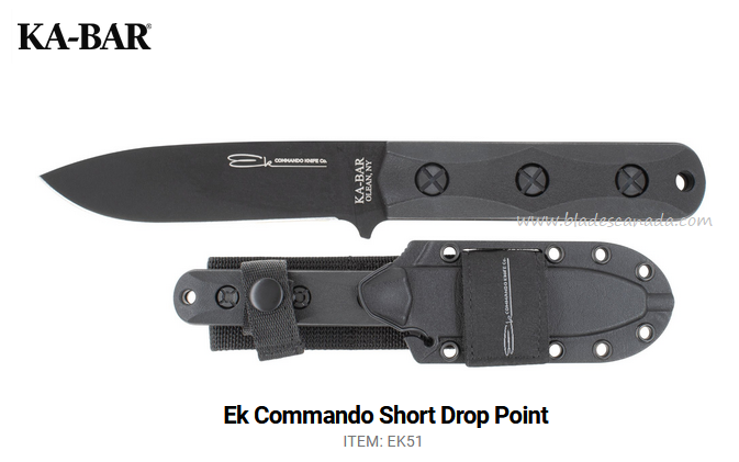 Ka-Bar Ek Commando Short Fixed Blade Knife, 1095 Drop Point, Celcon Sheath, EK51