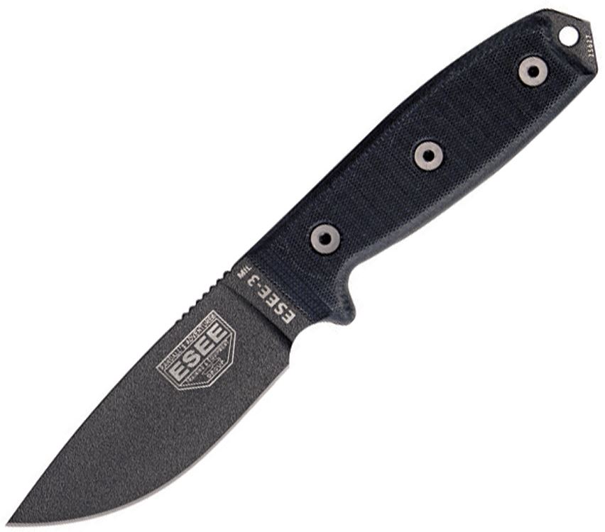 ESEE 3MIL-P-BLK Fixed Blade Knife, 1095 Carbon, G10 Black, Molded Sheath w/MOLLE, 3MILPBLK