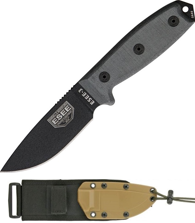 ESEE 3P-MB Fixed Blade Knife, 1095 Blade, Micarta, Coyote Sheath w/MOLLE Back