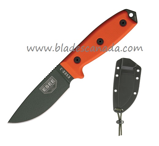 ESEE 3P-OD Fixed Blade Knife, 1095 Carbon OD Green, G10 Orange, Molded Sheath, 3P-OD
