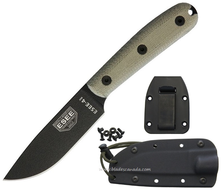 ESEE 4HM-K Fixed Blade Knife, 1095 Carbon, Modified Micarta Handle, Kydex Sheath, 4HM-K