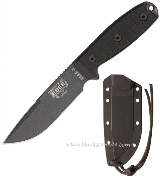 ESEE 4P-CP-TGB Fixed Blade Knife, 1095 Carbon Clip Point, Micarta, Black Molded Sheath, 4P-CP-TGB