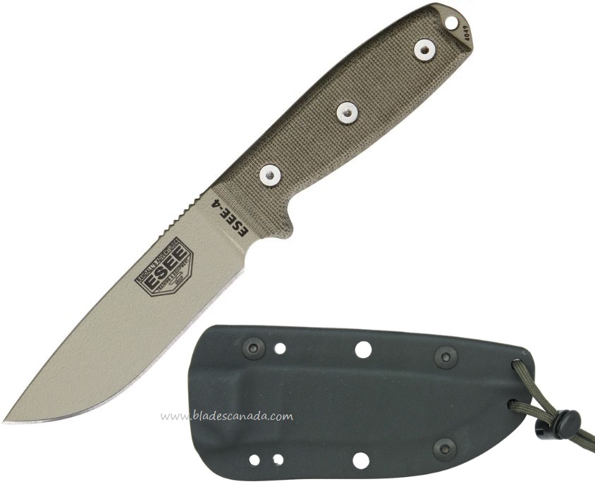 ESEE 4P-DT Fixed Blade Knife, 1095 Carbon Desert Tan, Micarta, OD Green Molded Sheath