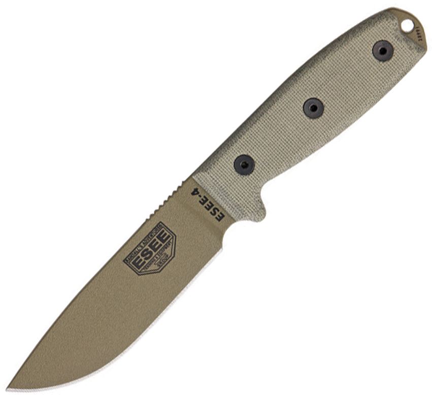 ESEE 4P-MB-DE Fixed Blade Knife, 1095 Carbon Dark Earth, Molded Sheath w/MOLLE, 4P-MB-DE