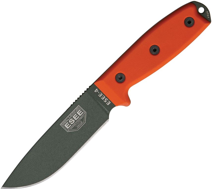 ESEE 4P-MB-OD Fixed Blade Knife, 1095 Carbon OD Green, G10 Orange, Black Sheath w/MOLLE