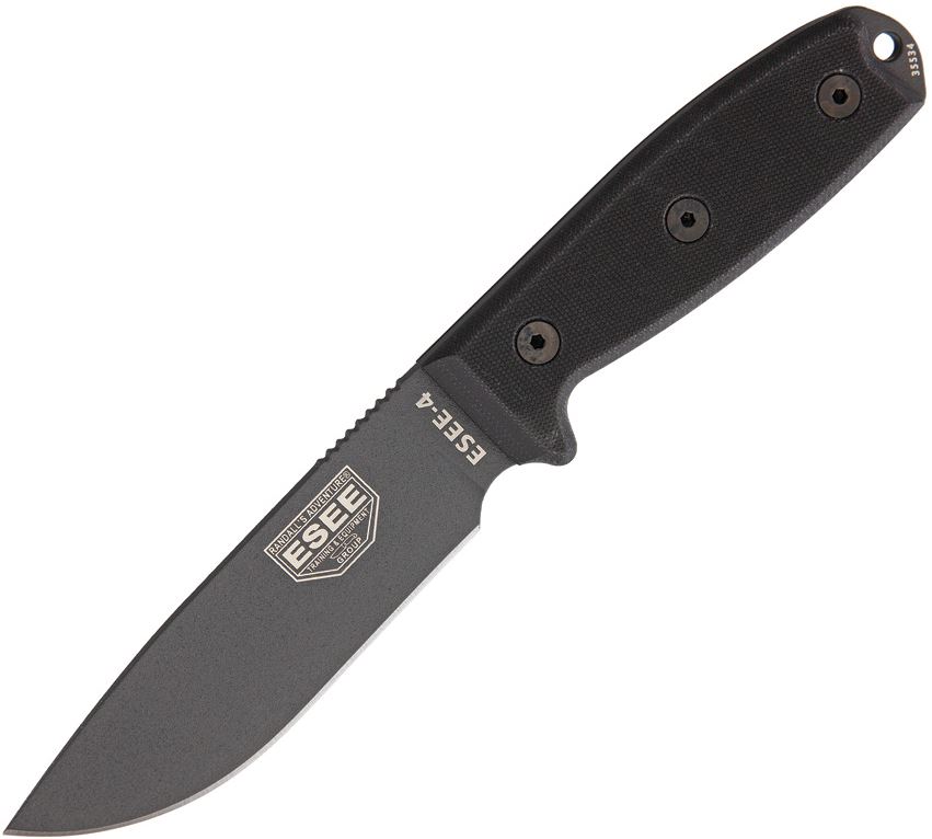 ESEE 4PTGB Gunsmoke Fixed Blade Knife, 1095 Carbon, G10 Black, Ambidextrous Sheath