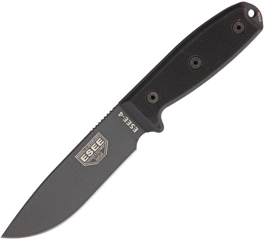ESEE 4PTGB Gunsmoke Fixed Blade Knife, 1095 Carbon, G10 Black, Ambidextrous Sheath, 4PTGB