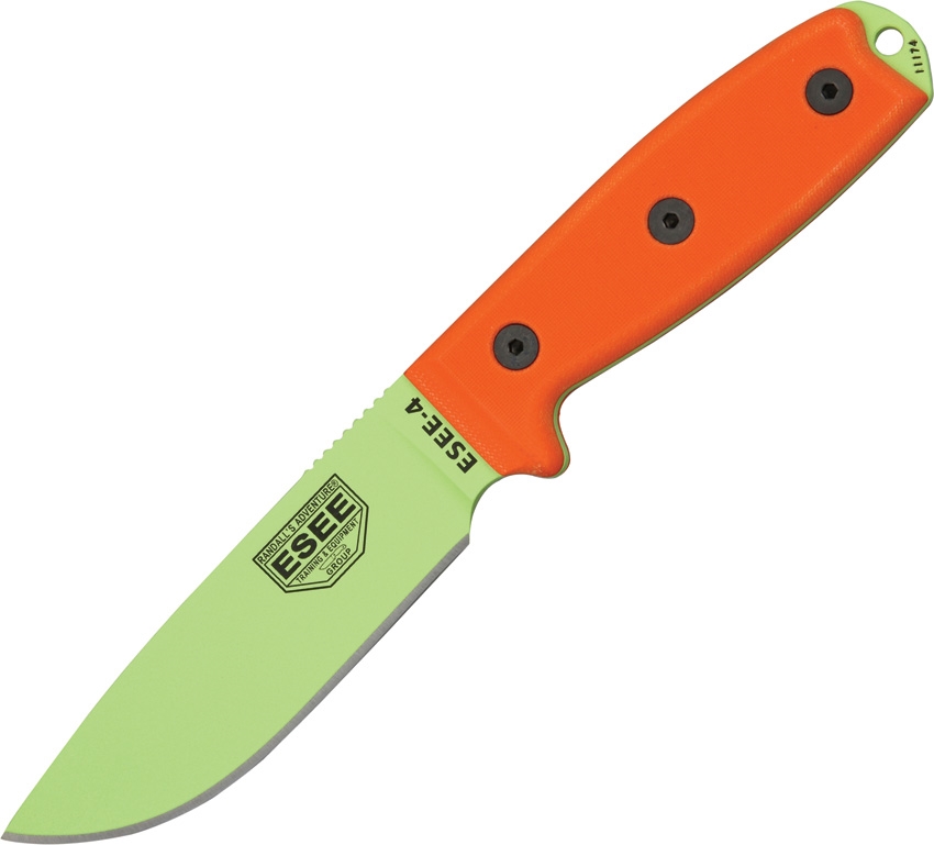 ESEE 4P-VG Fixed Blade Knife, 1095 Carbon Venom Green, G10 Orange Rounded Pommel, Molded Sheath, 4P-VG