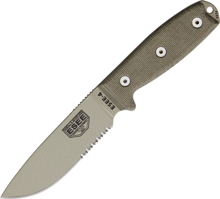 ESEE 4S-MB-DT Fixed Blade Knife, 1095 Carbon Desert Tan, Micarta, Green Sheath w/MOLLE, 4S-MB-DT