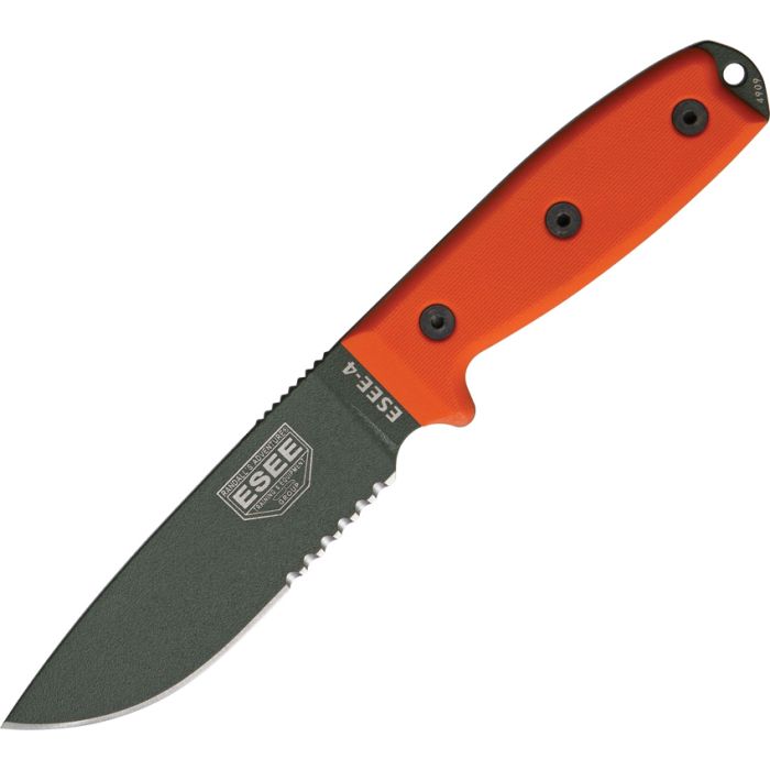 ESEE 4SMB-OD Fixed Blade Knife, 1095 Carbon OD Green, G10 Orange, Black Sheath w/MOLLE, 4SMB-OD