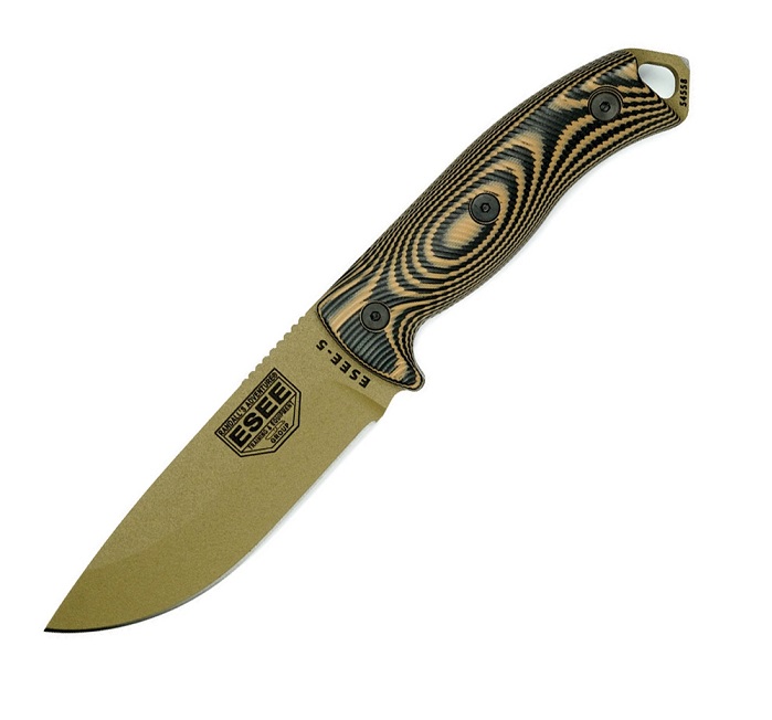 ESEE 5PDE-005 Fixed Blade Knife, 1095 Carbon Dark Earth, G10 3D Black/Coyote, Kydex Sheath, 5PDE-005