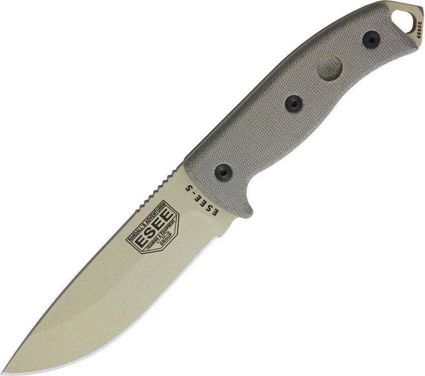ESEE 5PDT Fixed Blade Knife, 1095 Carbon Desert Tan, Canvas Micarta, Kydex Sheath, 5PDT