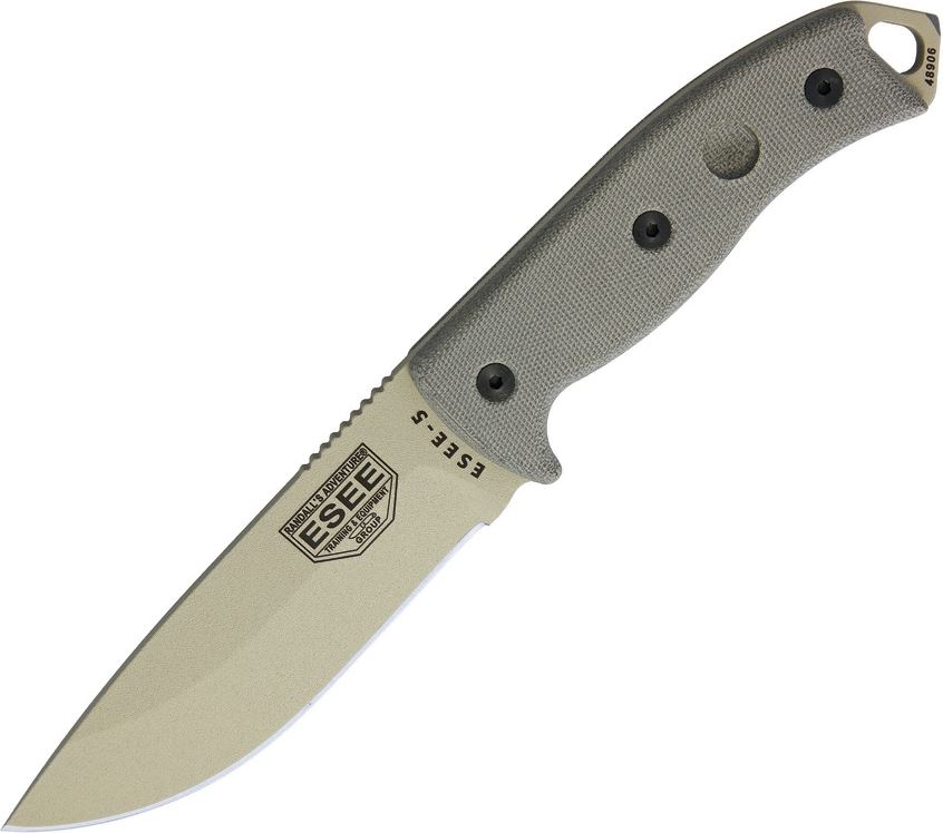 ESEE 5PDT Fixed Blade Knife, 1095 Carbon Desert Tan, Canvas Micarta, Kydex Sheath