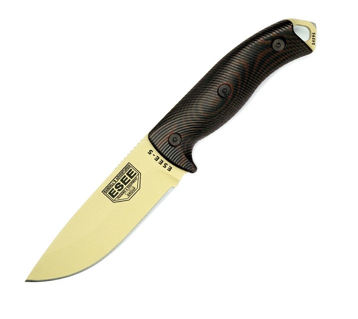 ESEE 5PDT-004 Fixed Blade Knife, 1095 Carbon Desert Tan, G10 3D Black/Red, Kydex Sheath, 5PDT-004