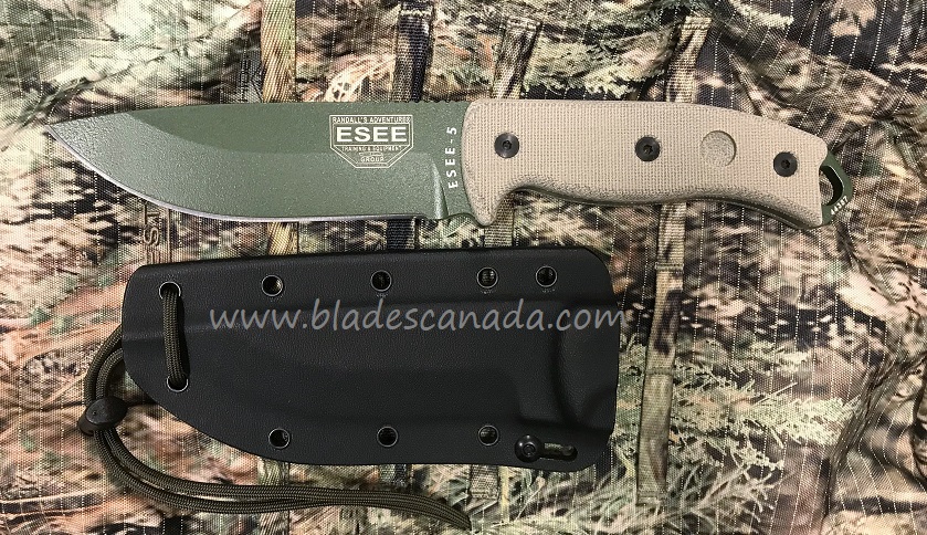 ESEE 5P-OD Fixed Blade Knife, 1095 Carbon OD Green, Canvas Micarta, Kydex Sheath