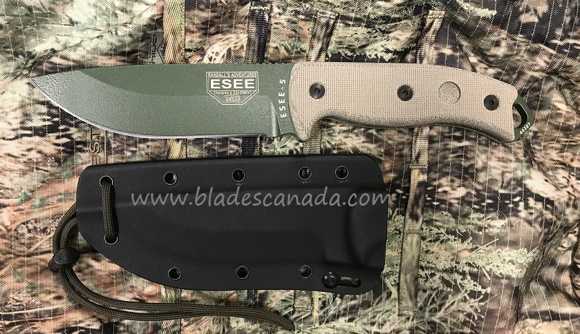 ESEE 5P-OD Fixed Blade Knife, 1095 Carbon OD Green, Canvas Micarta, Kydex Sheath, 5P-OD
