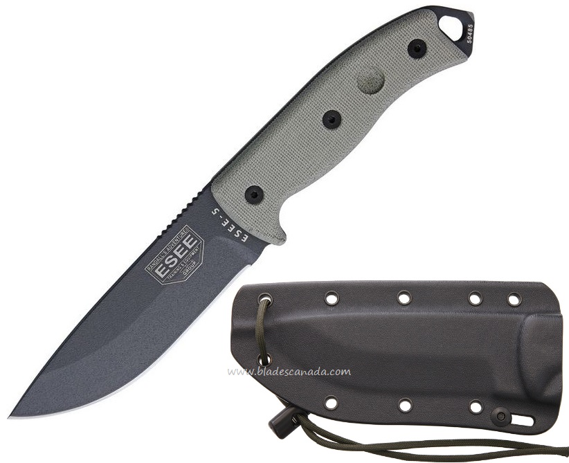 ESEE 5PTG Tactical Fixed Blade Knife, 1095 Carbon, Canvas Micarta, Kydex Sheath
